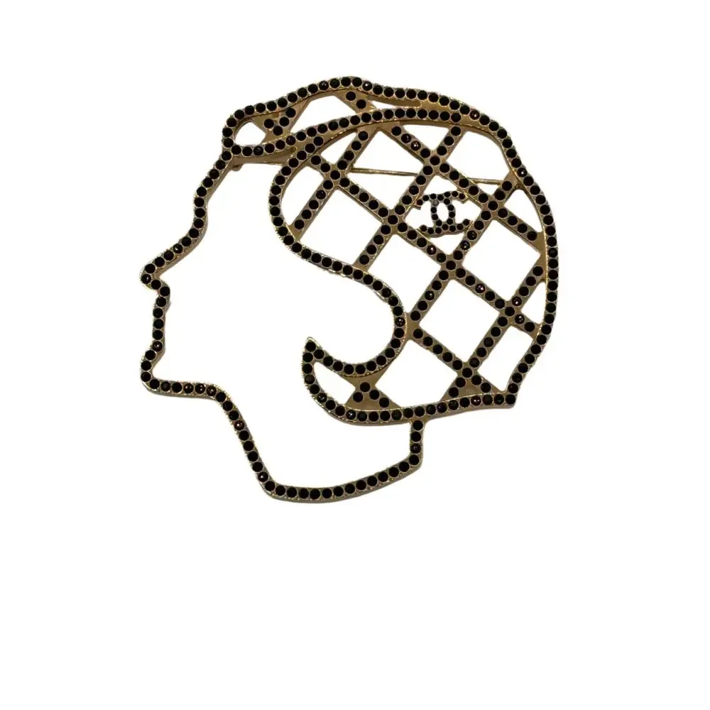 CHANEL 17A Mademoiselle Silhouette Large Strass Brooch in Light Gold Hardware